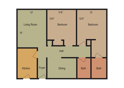 Floor plan for 2 beds, 2 baths, 1032 sqft